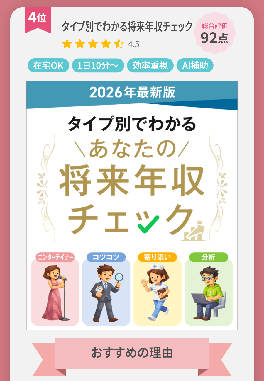 タイプ別でわかる将来年収チェック 在宅OK 1日10分〜 効率重視 AI補助 おすすめの理由